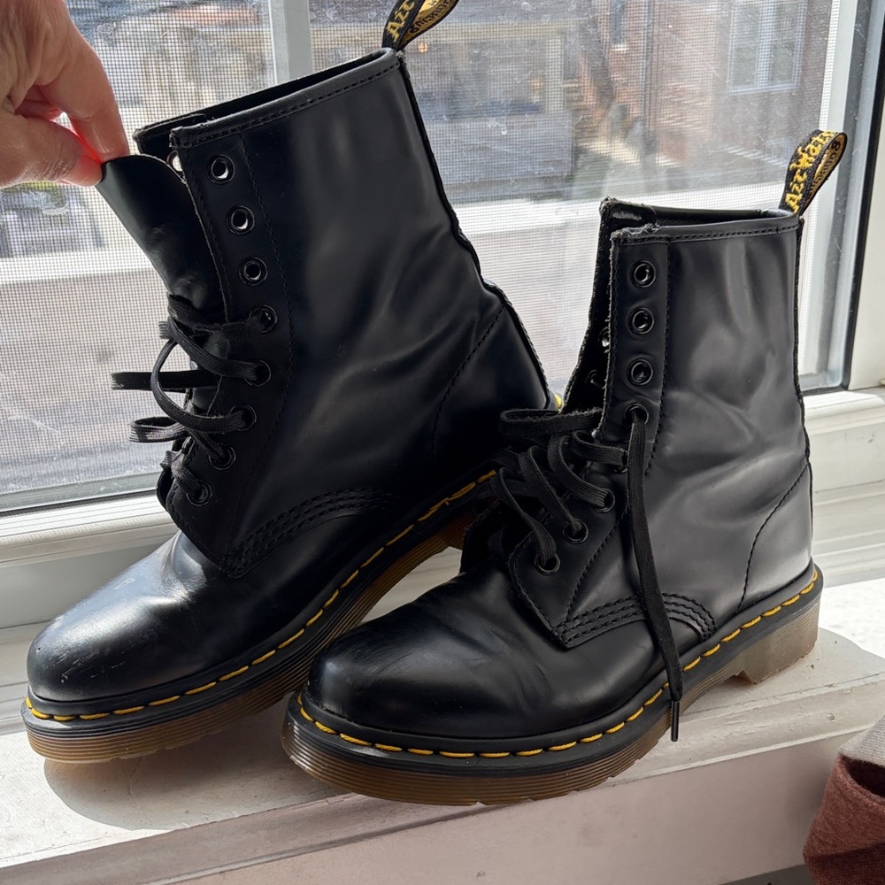 Dr. Martens Black Leather 8-Eye Combat Boots with Yellow Stitching